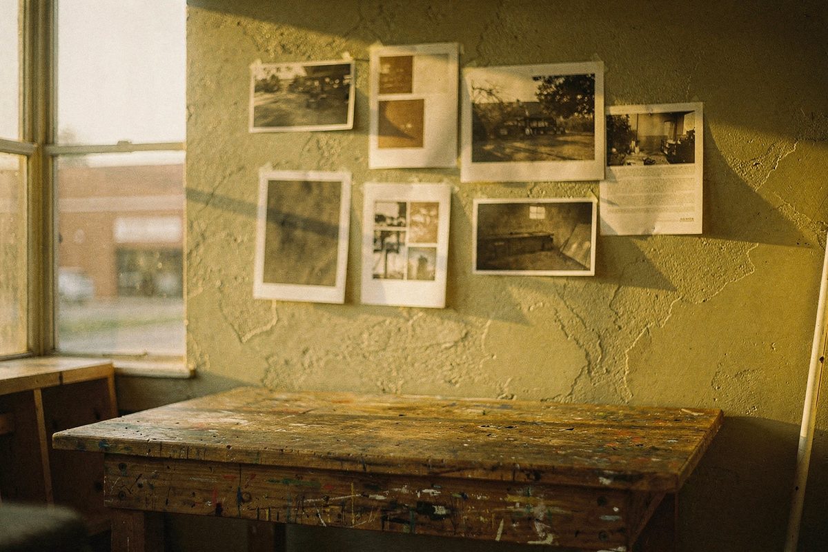 A studio worktable with layout boards and printed proof sheets pinned to the wall behind it.